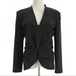 Smythe Long Sleeve Ruched Blouse w/ Front Zipper & Shoulder Pads Size 10 Black